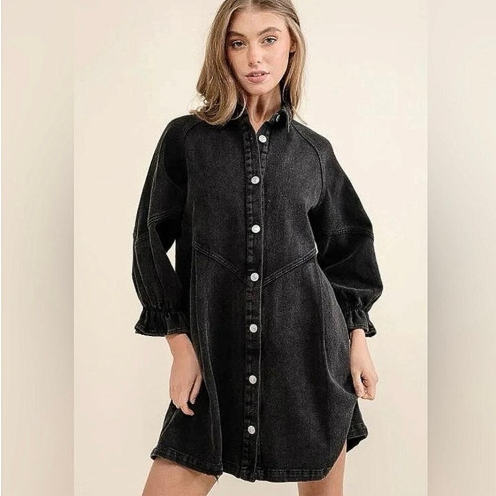 Blue B Black Washed Denim 3/4 Puff Sleeve Button Down Jeans Shirt Dress Size L